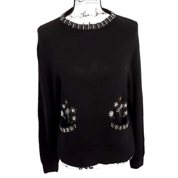 Vintage 80s Silk Angora Blend Black Beaded Pocket Flower Sweater Womens L - Picture 2 of 11